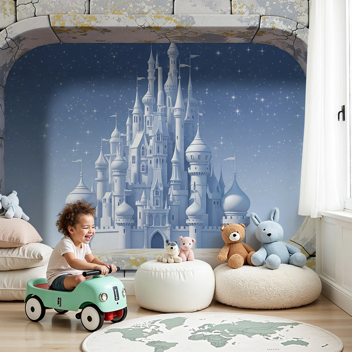Papier peint chambre enfant | Château féerique émergeant d'un mur de pierre