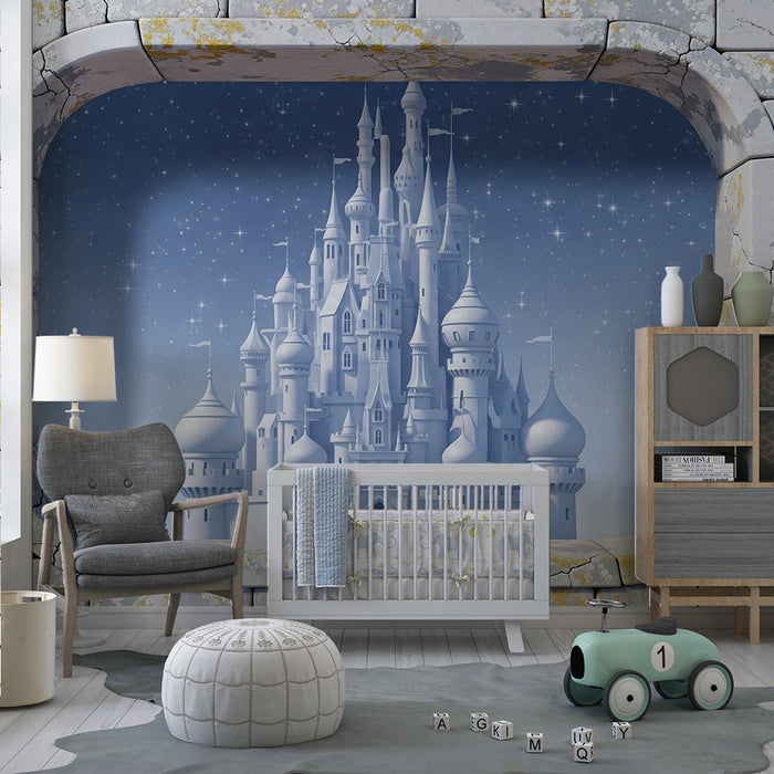 Papier peint chambre enfant | Château féerique émergeant d'un mur de pierre