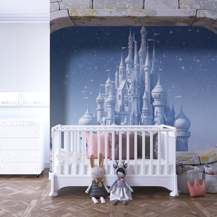 Papier peint chambre enfant | Château féerique émergeant d'un mur de pierre