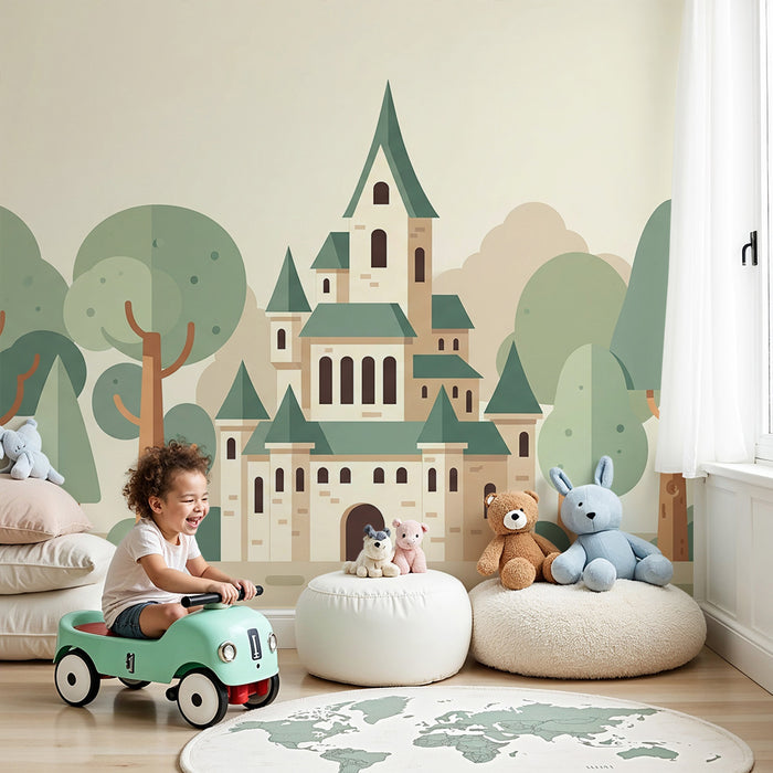 Carta da parati bambini | Castello fatato circondato da alberi stilizzati