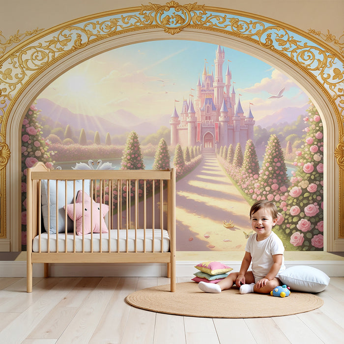 Papier peint chambre enfant | Château féerique entouré de roses et de cygnes
