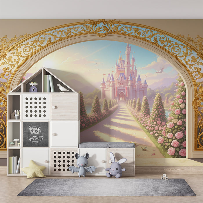 Papier peint chambre enfant | Château féerique entouré de roses et de cygnes