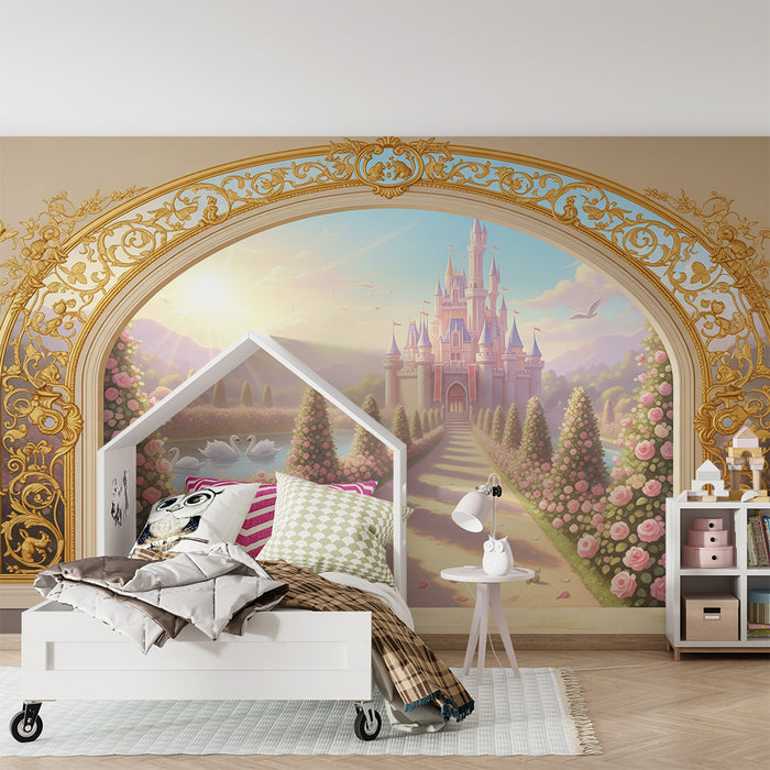 Papier peint chambre enfant | Château féerique entouré de roses et de cygnes