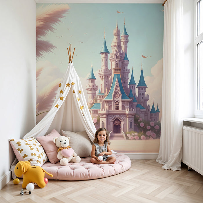 Carta da parati bambini | Castello fatato circondato da rose e pampas
