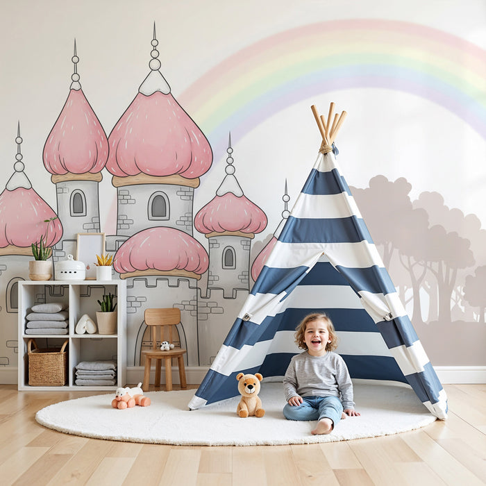 Papel pintado infantil | Castillo mágico y arco iris