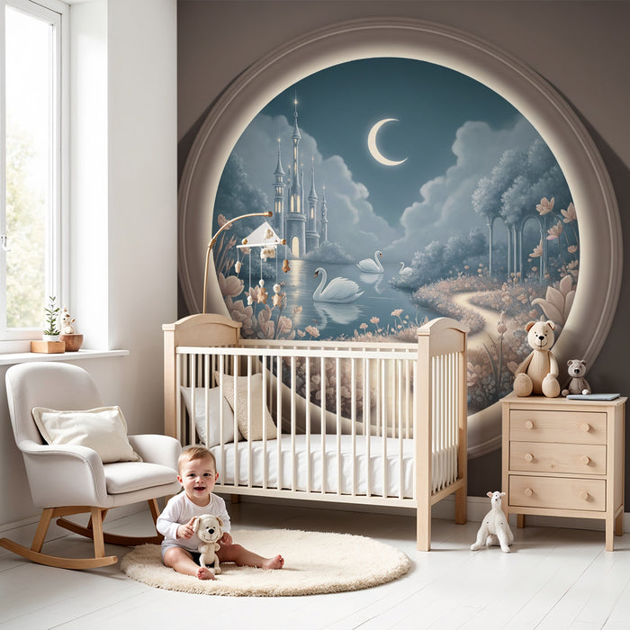 Papier peint chambre enfant | Château féerique et cygnes au clair de lune