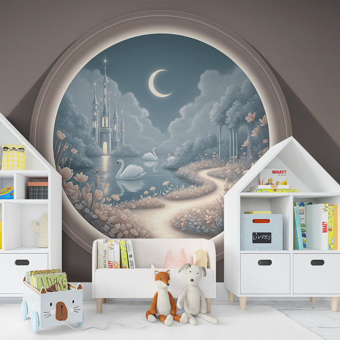 Papier peint chambre enfant | Château féerique et cygnes au clair de lune