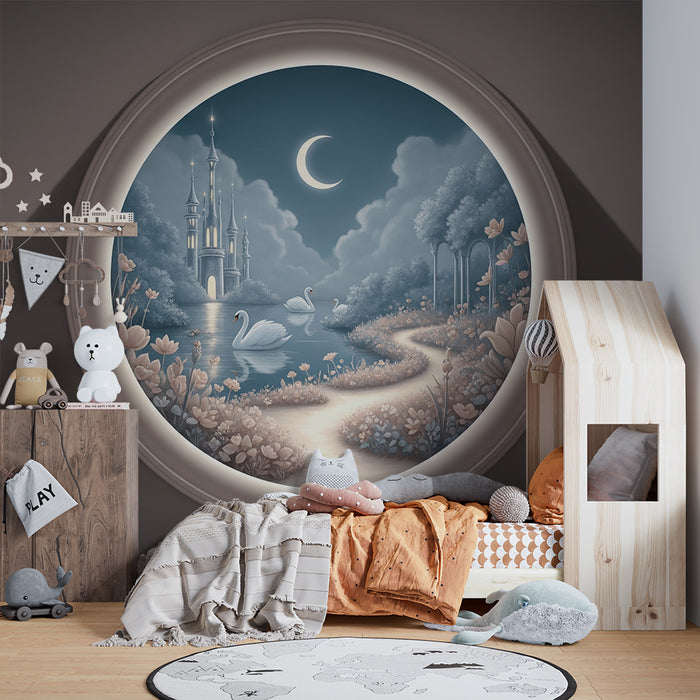 Papier peint chambre enfant | Château féerique et cygnes au clair de lune