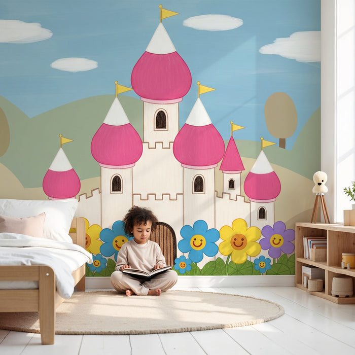 Kinderkamer behang | Betoverend kasteel en lachende bloemen