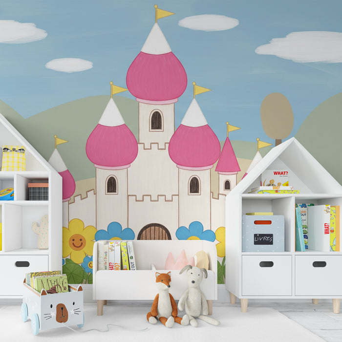 Kinderkamer behang | Betoverend kasteel en lachende bloemen