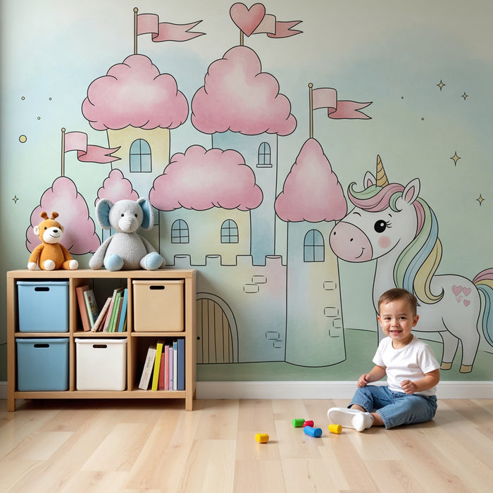 Papier peint chambre enfant | Château féerique et licorne magique