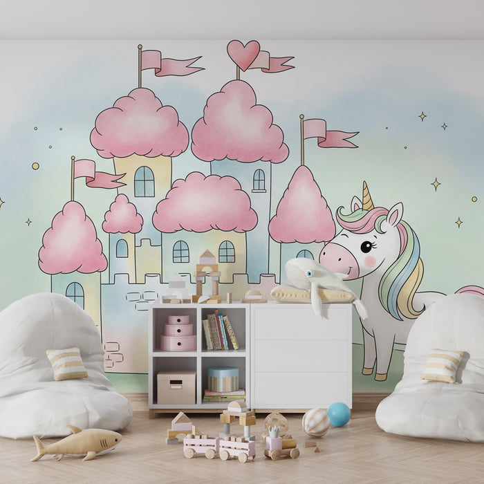 Papier peint chambre enfant | Château féerique et licorne magique