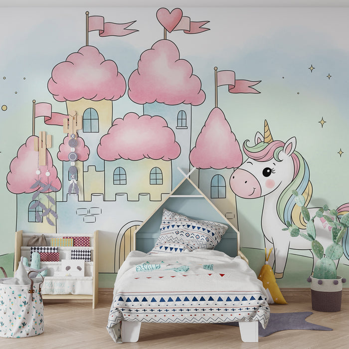 Papier peint chambre enfant | Château féerique et licorne magique