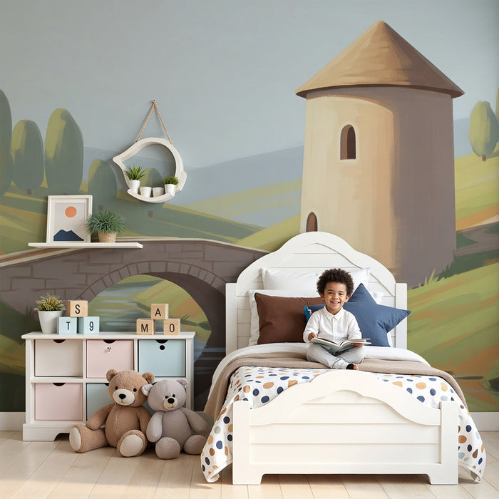 Kinderzimmer Tapete | Märchenschloss und idyllische Landschaft mit einer Brücke
