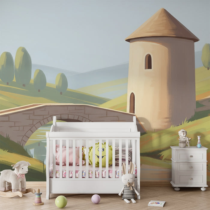 Kinderzimmer Tapete | Märchenschloss und idyllische Landschaft mit einer Brücke