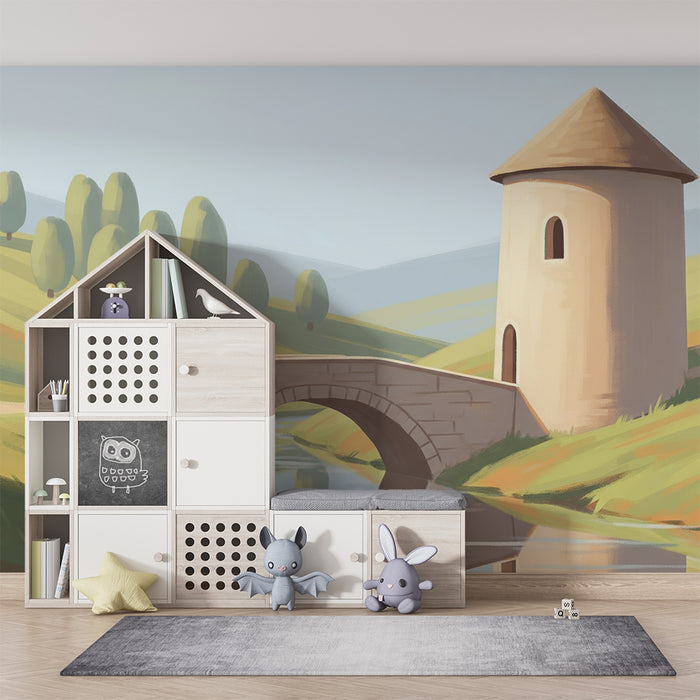 Kinderzimmer Tapete | Märchenschloss und idyllische Landschaft mit einer Brücke