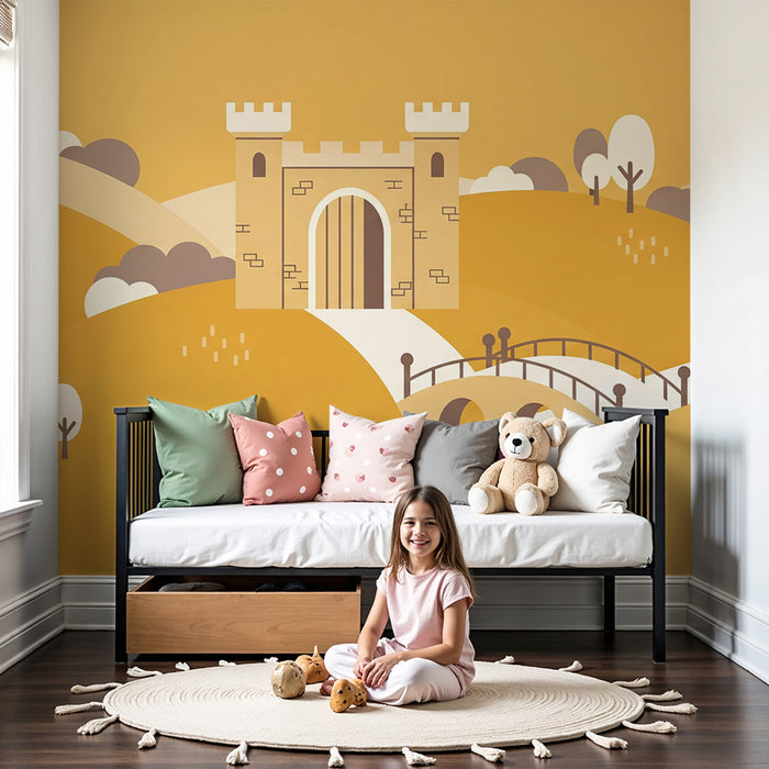 Papier peint chambre enfant | Château féerique et paysages dorés