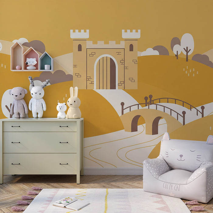 Papier peint chambre enfant | Château féerique et paysages dorés