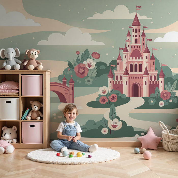 Papier peint chambre enfant | Château féerique et paysages enchanteurs avec fleurs pastel