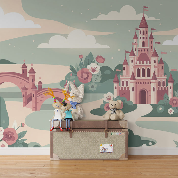 Papier peint chambre enfant | Château féerique et paysages enchanteurs avec fleurs pastel