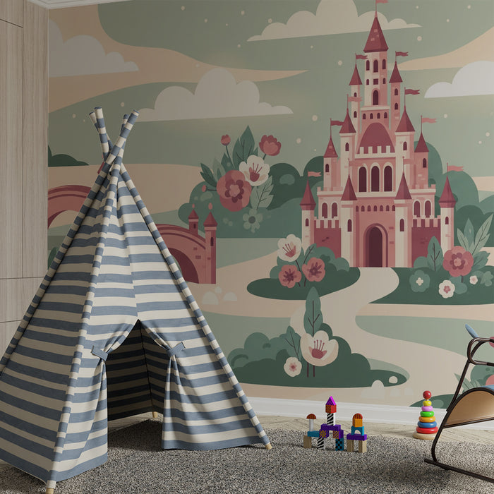 Papier peint chambre enfant | Château féerique et paysages enchanteurs avec fleurs pastel