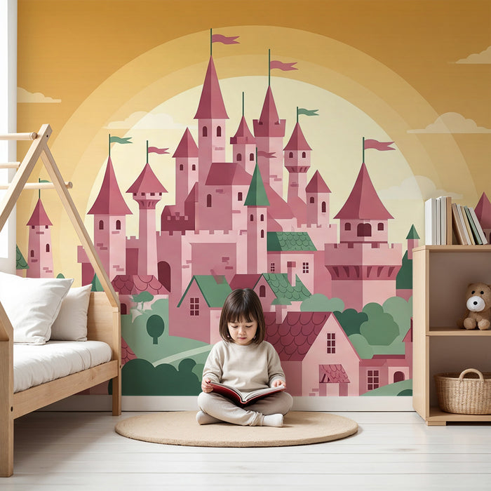 Papel de parede criança | Castelo mágico e vila colorida sob um céu dourado