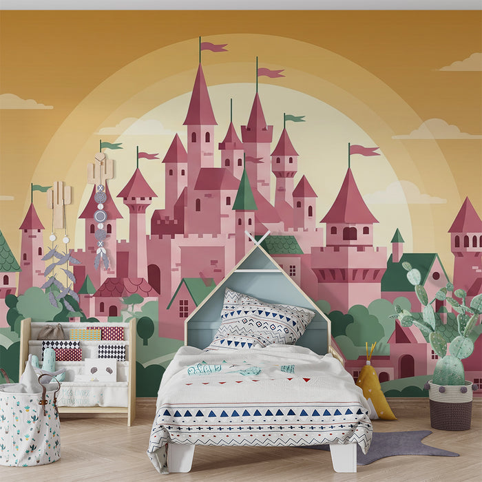 Papel de parede criança | Castelo mágico e vila colorida sob um céu dourado
