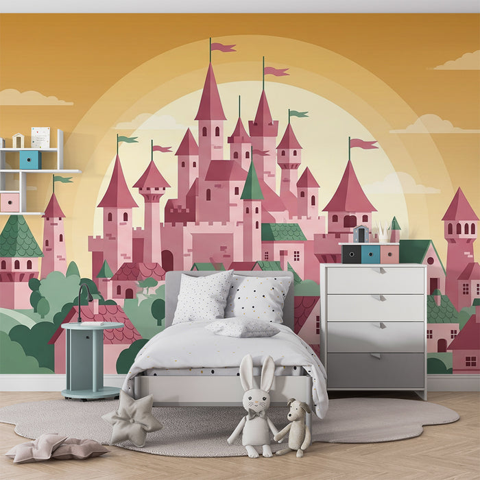 Papel de parede criança | Castelo mágico e vila colorida sob um céu dourado