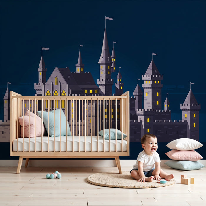 Kinderkamer behang | Betoverend kasteel verlicht in de nacht