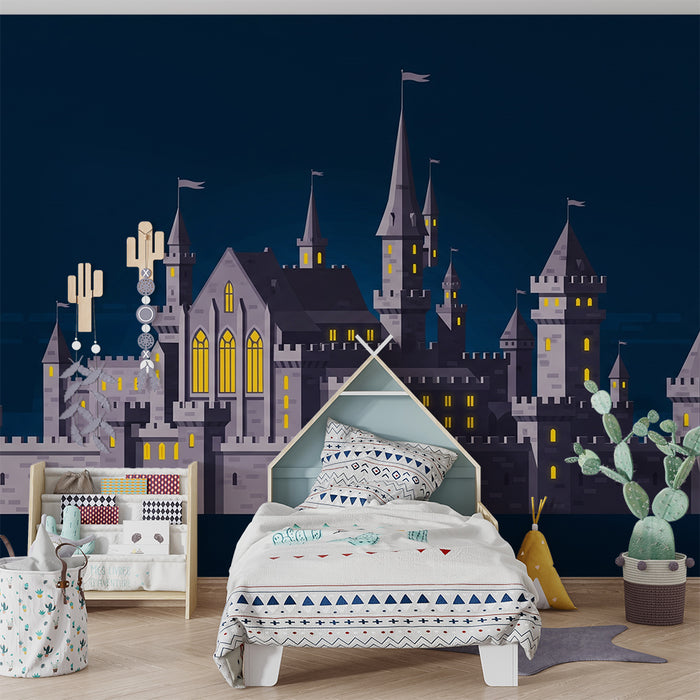 Kinderkamer behang | Betoverend kasteel verlicht in de nacht