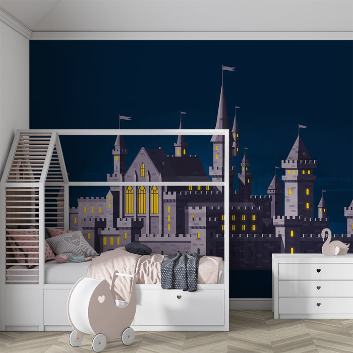 Kinderkamer behang | Betoverend kasteel verlicht in de nacht