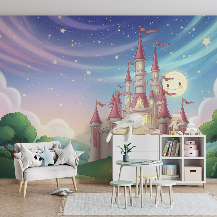 Kinderzimmer Tapete | Niedliches Feen-Schloss unter einem Sternenhimmel