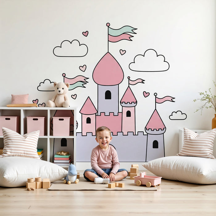 Papier peint chambre enfant | Château féerique pastel
