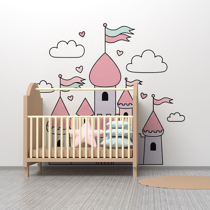 Papier peint chambre enfant | Château féerique pastel