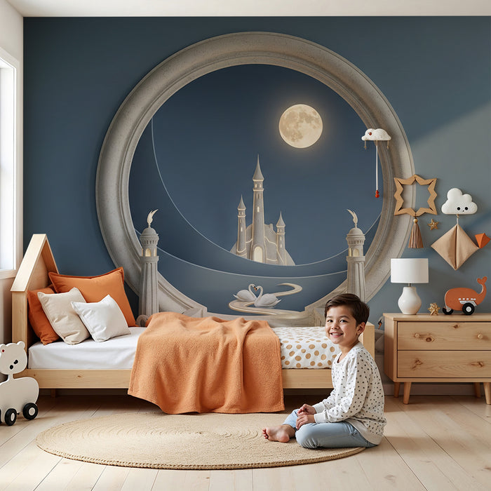 Carta da parati per camera bambini | Castello incantato sotto la luna con eleganti cigni