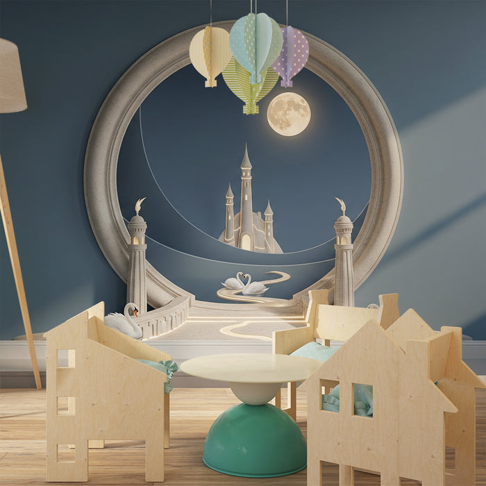 Carta da parati per camera bambini | Castello incantato sotto la luna con eleganti cigni