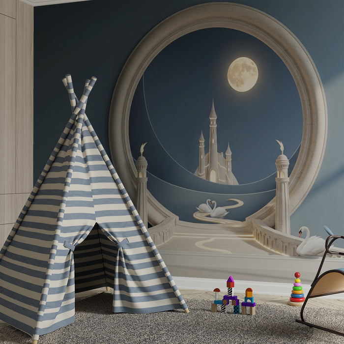 Carta da parati per camera bambini | Castello incantato sotto la luna con eleganti cigni