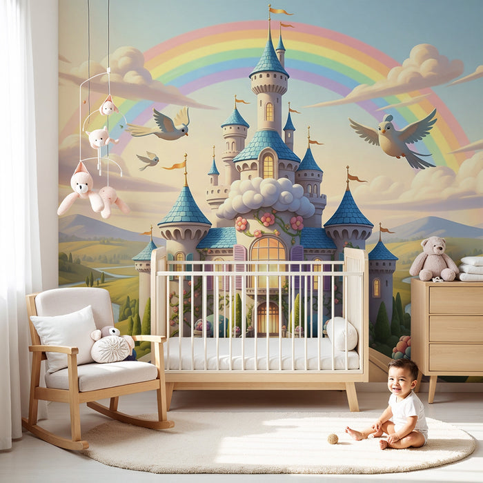 Carta da parati per camera bambini | Castello incantato sotto un arcobaleno