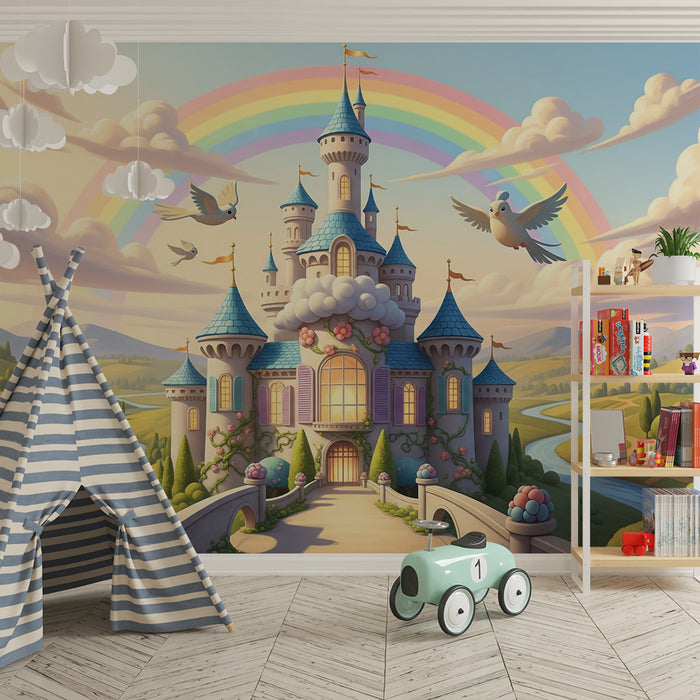 Carta da parati per camera bambini | Castello incantato sotto un arcobaleno