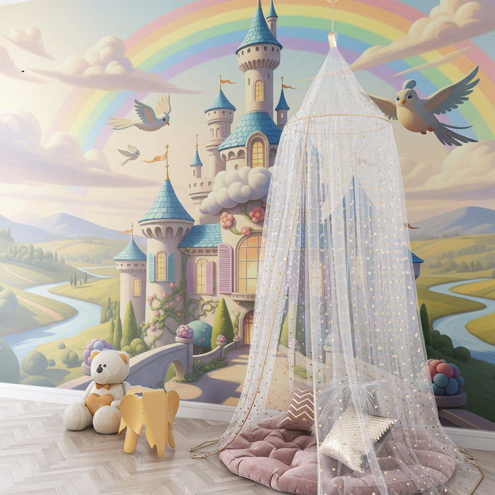 Carta da parati per camera bambini | Castello incantato sotto un arcobaleno