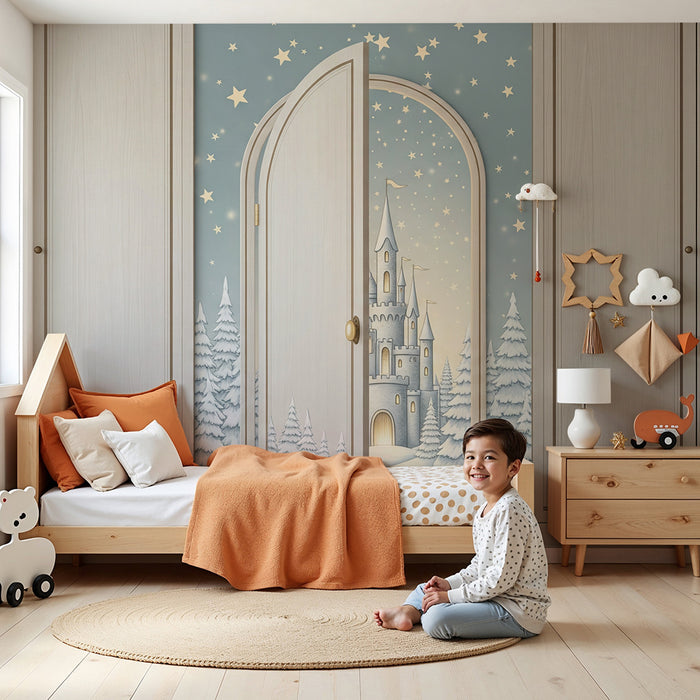 Papier peint chambre enfant | Château féerique sous un ciel étoilé