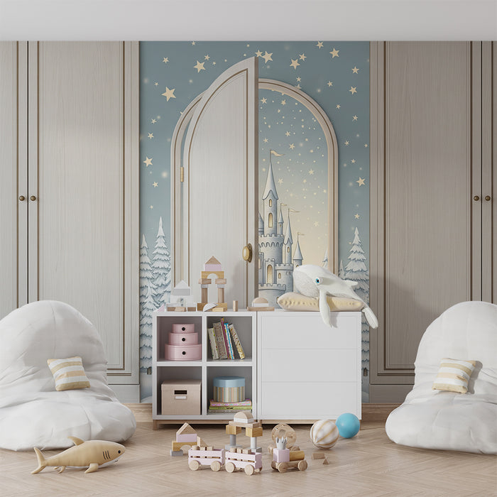 Papier peint chambre enfant | Château féerique sous un ciel étoilé