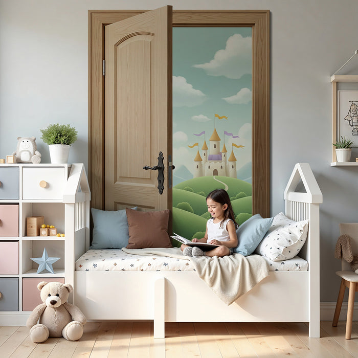 Papier peint chambre enfant | Château féerique sur des collines verdoyantes