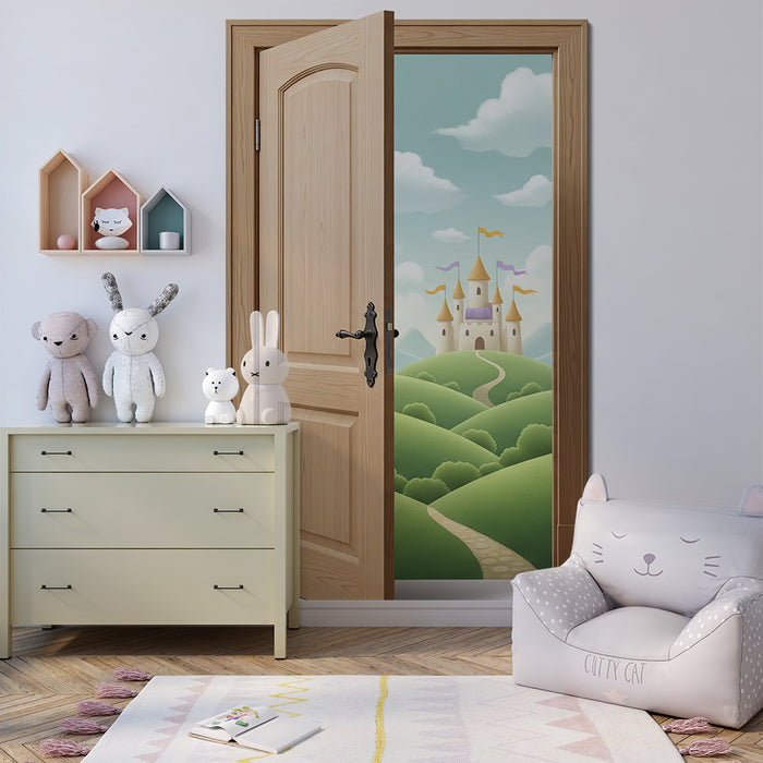 Papier peint chambre enfant | Château féerique sur des collines verdoyantes