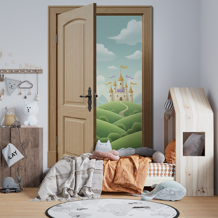 Papier peint chambre enfant | Château féerique sur des collines verdoyantes