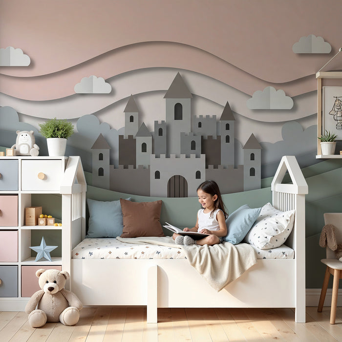 Tapet camera copil | Castel magic pe fund pastel