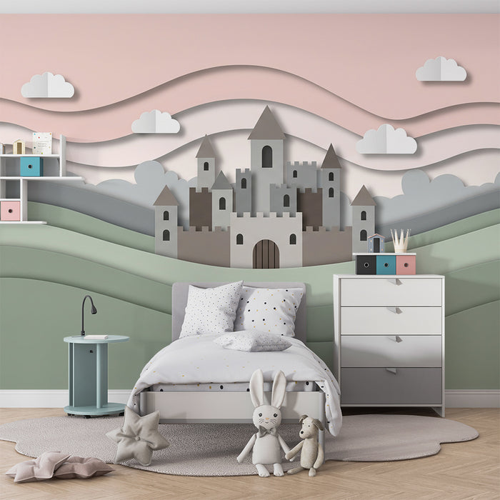 Tapet camera copil | Castel magic pe fund pastel