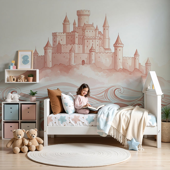 Papel de parede criança | Castelo mágico sobre o mar com ondas pastel