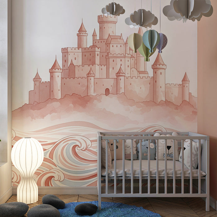 Papel de parede criança | Castelo mágico sobre o mar com ondas pastel