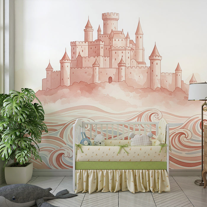 Papel de parede criança | Castelo mágico sobre o mar com ondas pastel